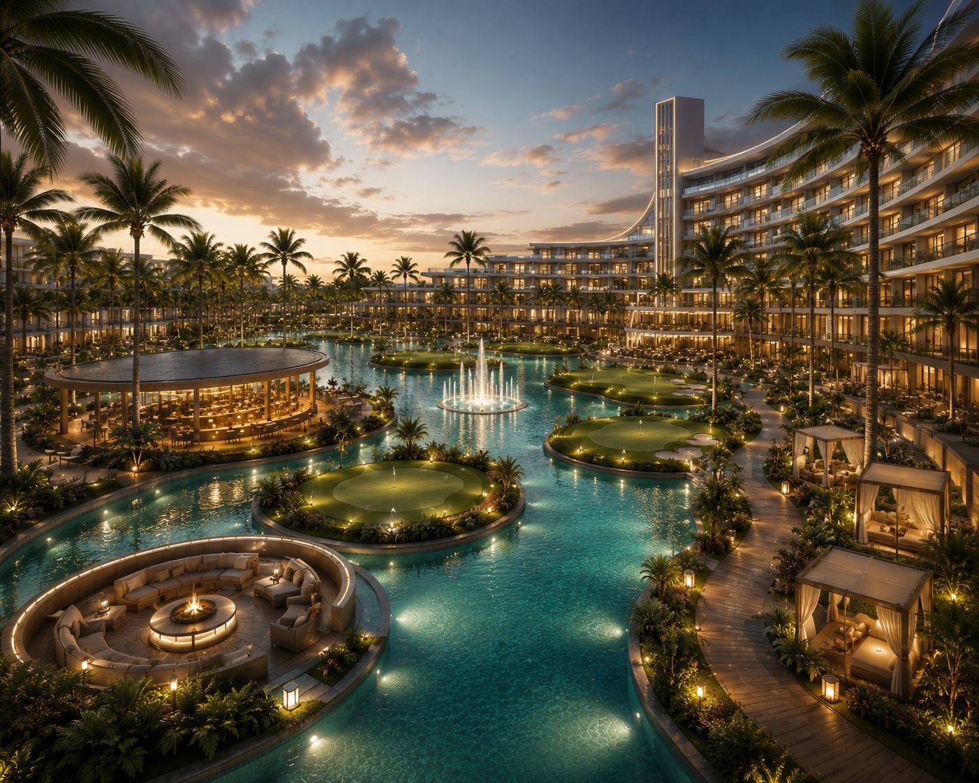 Luxury lagoon and hotel courtyard view